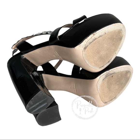 Miu Miu Black patent Leather Embellished Ankle Strap Platform Sandals Block Heel - Picture 13 of 15